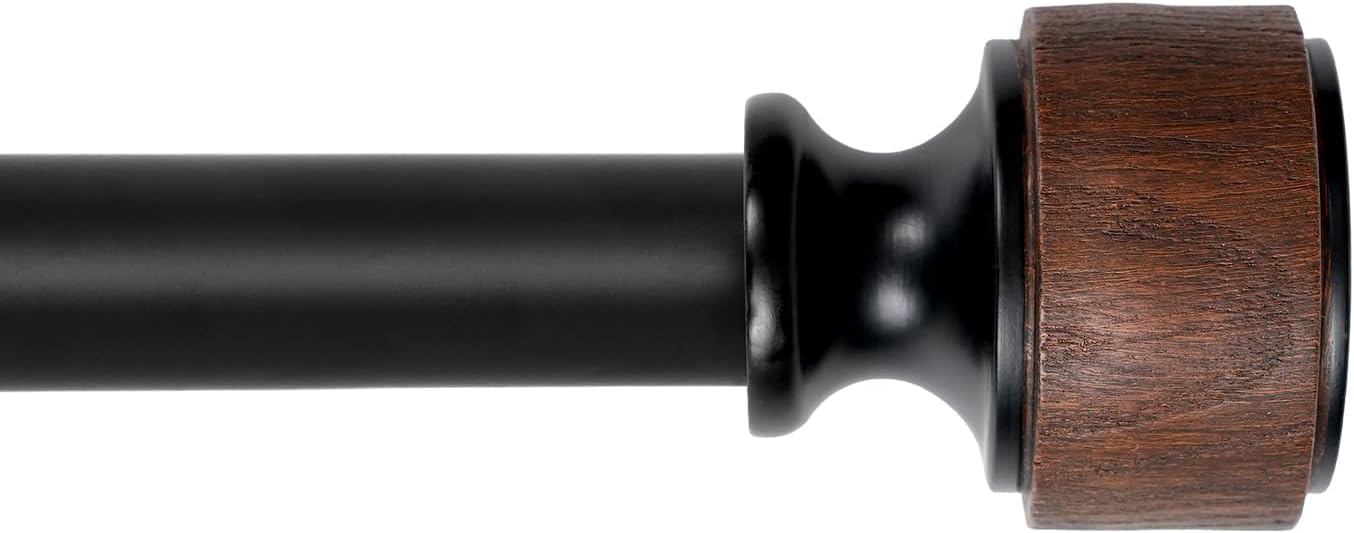Curtain Rods for Windows, 32 to 88 Inches Adjustable Curtain Rod, 1-Inch Diameter Decorative Drapery Rods with Faux Wood Finials, Black with Walnut, Modern Luxe Design by LOPTG 36"-88"