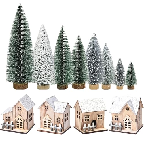 Lot de 12 Ensembles de Village Noël, 4 Maisons Noël sur Toit Blanc Neige avec 8 Arbres, Maisons Village éclairées, décoration Rustique pour la Maison, la Salle Table
