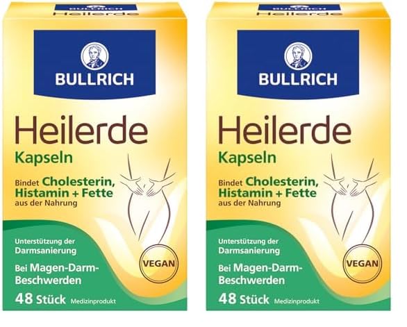 Bullrich Heilerde Kapseln | Linderung von Magen-Darm-Beschwerden und Unterstützung bei der Darmsanierung | Bindet Cholesterin + Fette aus der Nahrung | Vegan | 48 Stück(2er Pack)