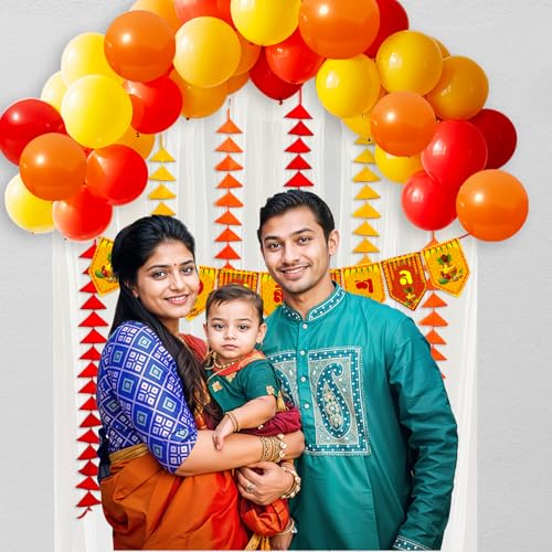 Image of Party Propz Baby Annaprashan Decoration Items Bengali - 47Pcs Annaprasana Decoration Backdrop Balloons with Annaprashan Banner, White Net Curtain and Triangle Hanging, Rice Ceremony Decorations Items