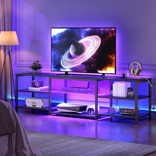 HOOBRO LED TV Stand for 75 Inch TVs with Charging Station, Gaming Entertainment Center with 3-Tier...