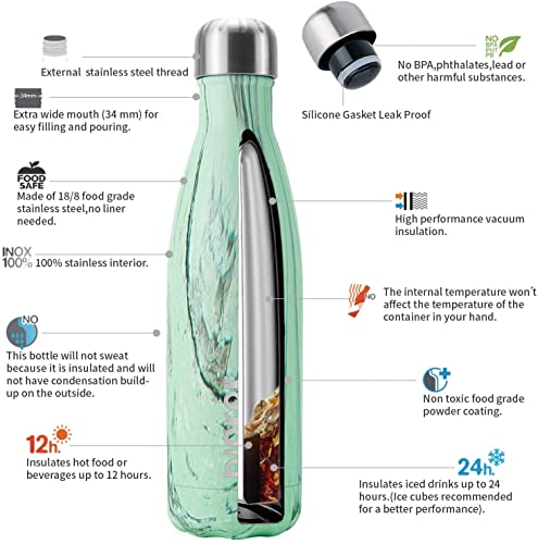Image of BJPKPK Stainless Steel Water Bottles 17 oz Metal Insulated Water Bottle Reusable,Wood Graphics Green