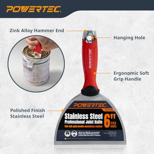 Image of POWERTEC Premium Drywall Hand Tool Kit, 12 inch Aluminum Hawk & 6 inch Stainless Steel Joint Knife (72178)