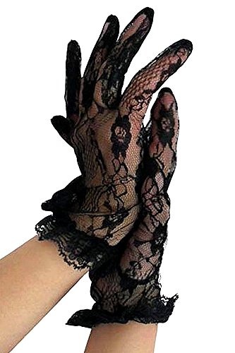 krautwear® Damen Handschuhe Spitze Ellenbogen Lang Abendhandschuhe Gerafft Braut Kurz Satin Schleife Schwarz Rot Weiss (058-schwarz)