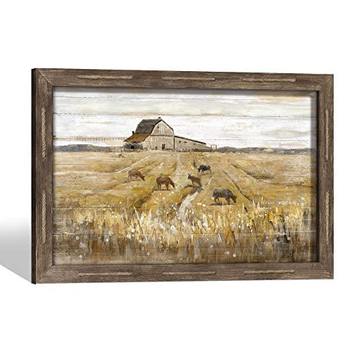 Country Wall Art Wooden Artwork: Rustic Farmhouse Barn Scene Picture Decor Framed Farm Animal Countryside Landscape Print Horizontal Rural Scenic Painting For Living Room Bedroom #TOP14
