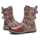 Socofy Leather Mid Calf Ankle Boots for Women, Autumn Winter Vintage Side Zipper Bohemian Floral Pattern Outdoor With Flat Casual Antislip Comfort Walking Heels