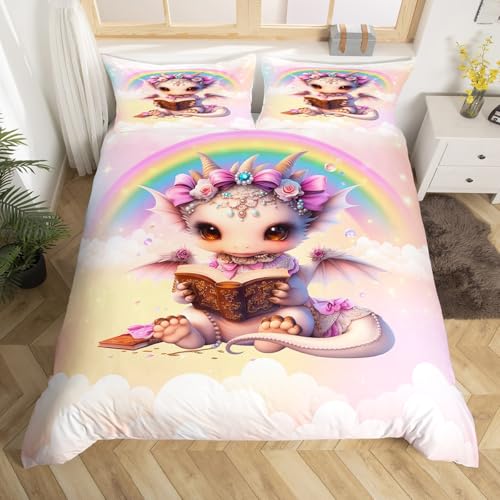 Cute Dragon Decorations,Rainbow Fantasy Cloud Duvet Cover for All Season,Lovely Magical Animal Girl Bedroom Decor Comforter Cover (No Filler) Full Size,3PCS
