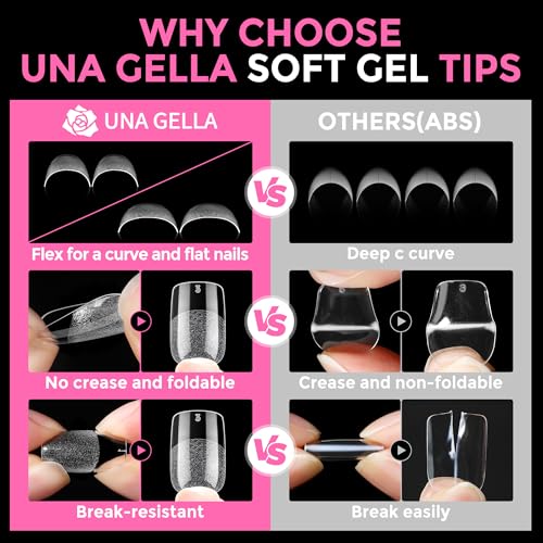 Image of UNA GELLA Short Square & Squoval Nail Tips 216pcs Pre-Etched Short Square Round Oval Press on Nails Squoval Clear Acrylic Fake Full Cover Gel Nails Tips for Nail Extensions Home DIY Salon 12 Sizes
