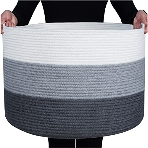 Mintwood Design Extra Large 22 X14 Inches Decorative Woven Cotton Rope Basket, Laundry Basket, Blanket Basket, Baby And Dog Toy Storage Baskets Bin, Kid Laundry Hamper, Towel Basket, 3-Tone Dark Gray #TOP29