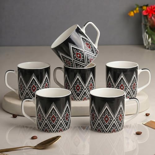 Image of UPC Coffee Mug Set of 6 | Black Aztec Geometric Print | Red & White Tribal Pattern Tea & Coffee Cups | Bone China | Microwave Safe | Home & Kitchen