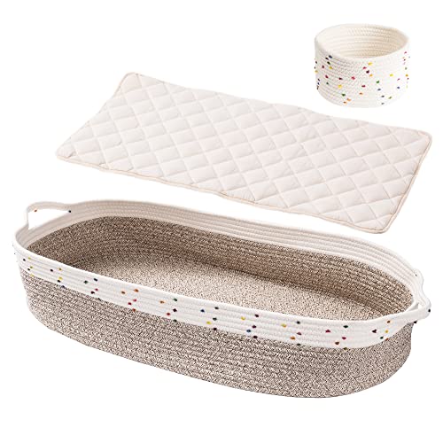 Rolife Cotton Baby Diaper Changing Basket with Foam Pad x1, Storage Woven Bin x 1, Boho Baby Stuff as A Shower Gift (with Colored Lines) Rolife Cotton Baby Diaper Changing Basket with Foam Pad x1, Storage Woven Bin x 1, Boho Baby Stuff as A Shower Gift (with Colored Lines)