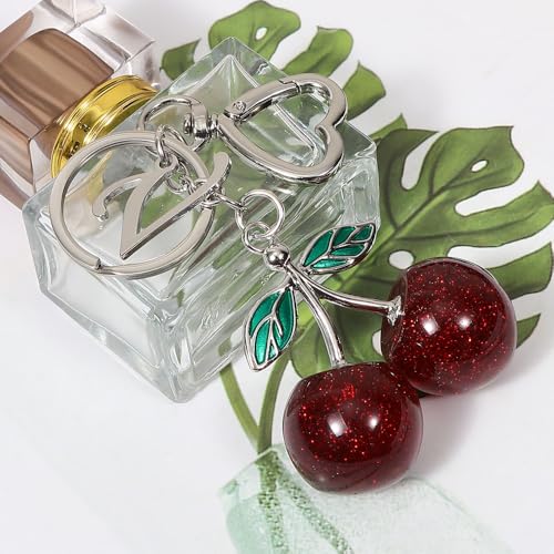 Heart-Shaped Keychain with Initial A-Z and Cherry Charm Bag Charms for Women,Car Accessories