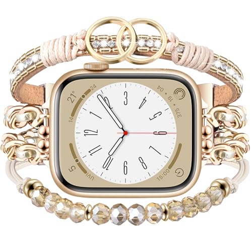 MOFREE Boho Metal Band Compatible with Apple Watch Bands for Women 40mm 38mm 41mm 42mm 44mm 45mm Series 10 9 8 7 6 5 4 3 2 1 SE, Crystal Beaded Bracelet Wristband Women iWatch Bands