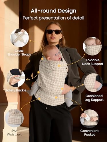 Image of GROWNSY Baby Carrier, Infant 7-44 lbs, with Head Support, Beige Houndstooth