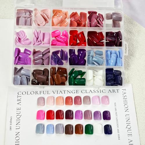 Image of 576Pcs Short Square Press on Nails Glossy Full Copver Fake Nails Solid Color False Nails Pure Color Glue on Nails Reusable Artificial Acrylic Stick on Nails for Women 12 Colors Manicure