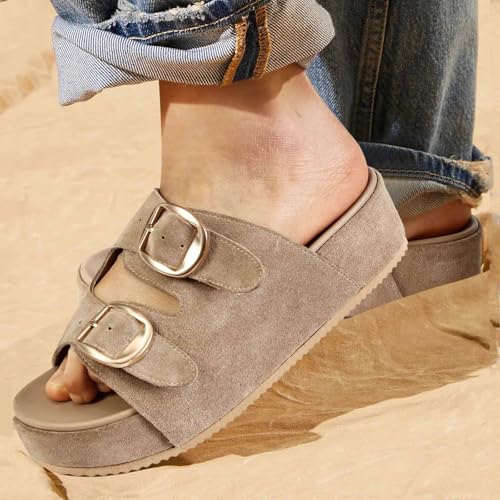 MICIFA Tan Platform Sandals for Women Suede Wedges Comfortable Cute Slides Casual Adjustable Double Buckle Strap Flats Brown4