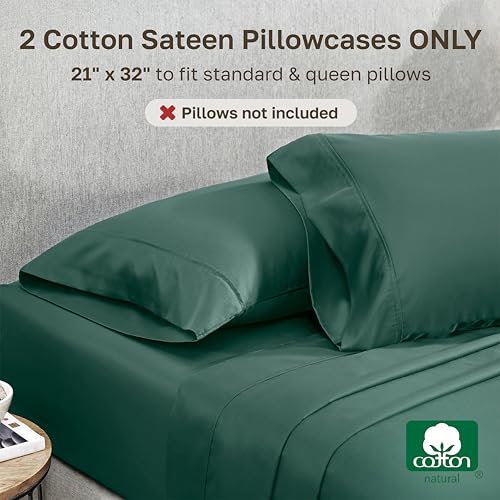 Image of California Design Den Standard Queen Size Pillowcase Set - 400 Thread Count, 100% Cotton Sateen, Set of 2 Pillow Covers, Soft and Breathable - Hunter Green