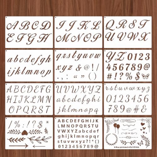 WUY Plantillas de dibujo y de letras,Juego de 12 plantillas de dibujo reutilizables, blancas, adecuadas para scrapbooking, revestimientos de suelo, muebles, decoración de paredes y scrapbooking DIY.