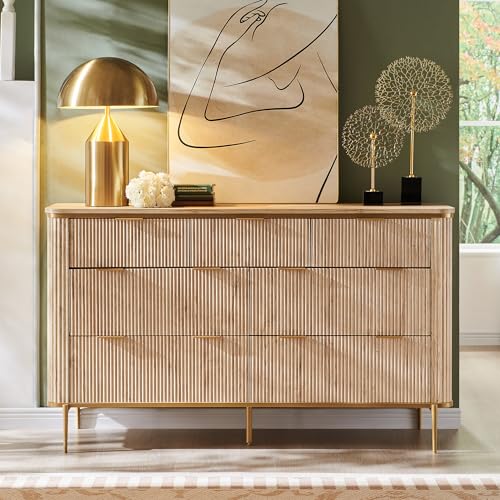 T4TREAM Fluted 7 Drawers Dresser for Bedroom, 54" Wide Modern Dresser TV Stand, Gold Accents, Fluted Fronts, Wood Storage Dressers Organizer for Bedroom, Living Room, Natural Oak - Image 3