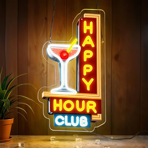 Happy Hour Neon Signs Dimmable Retro Led Happy Hour Club Neon Light for Bar Club Pub Party USB Powered Neon Light Sign Man Cave Gifts(Yellow)