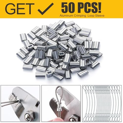 Image of Wire Rope,1 /16 inch Wire Rope,100FT Stainless Steel Cable with 50Pcs Crimping Sleeves,7x7 368lbs Breaking Strength for Garden Wire,Aircraft Cable (51, 100FT Wire Rope +50Crimping Sleeves)