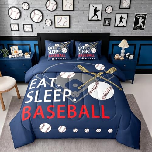 Feelyou Baseball 7 Piece Bedding Set Queen Size Kids Boys Softball Comforter Set with Sheets for Teens Toddler Navy Blue Bed in a Bag Ball Games Bed Set