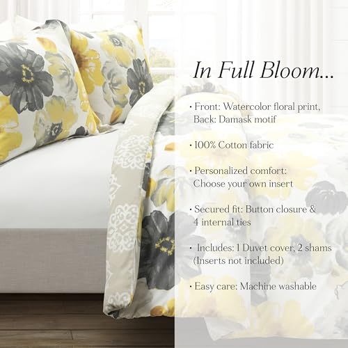 Image of Lush Decor Leah Reversible 100% Cotton Duvet Cover Set, 3 Piece Set, King, Yellow & Gray - King Bedding Set - Yellow Duvet Cover - Country Floral Decor