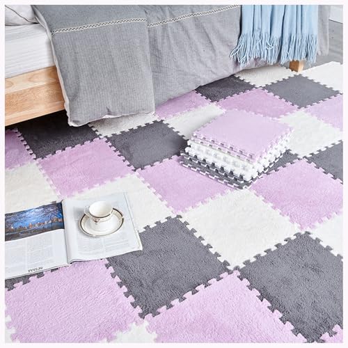12 piezas cuadradas de espuma EVA entrelazadas de 30 cm, 10 mm de grosor, alfombras de rompecabezas de felpa para dormitorio y gimnasio (morado, gris y blanco)