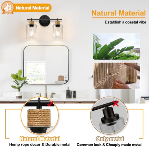 Image of MOKATNG Bathroom Light Fixtures, 2-Light Farmhouse Vanity Lights with Hemp Rope, Black Bathroom Wall Lamp for Mirror Kitchen Hallway Cabinet