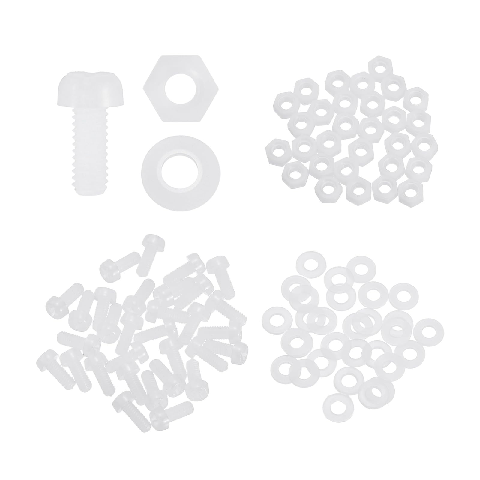 sourcing map 30 Set M2x6mm Nylon PA66 Plastic Cross Round Head Screw Phillips Bolts Hex Nuts Flat Washers Assortment Kit, Metric Full Thread Bolt Fasteners for DIY Machine Assembly, White — image 1