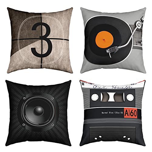 Sound Box Taies d'oreiller 45x45cm Record Housse Coussin Pour Salle séjour familiale Décor Lot De 4 Housse de Coussin Réversible Magnetic Tape Films Théâtre Décor Taie Oreiller Cinéma Poster Design