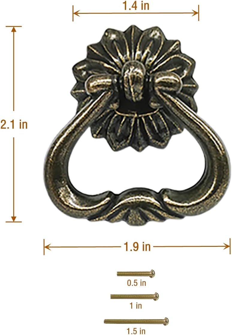 4 Pack Antique Brass Cabinet Pulls,Antique Brass Drawer Pulls,Ring Pulls for Dresser Drawers,Vintage Pull Ring Dresser Handles,Single Hole Cabinet Hardware Furniture Pulls