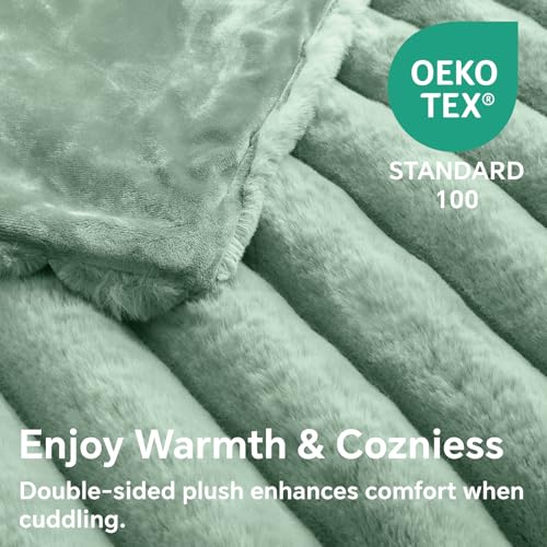 Image of BEDELITE Faux Fur Throw Blanket for Couch, 770GSM, 60 inch x 80 inch, Sage Green | Soft and Cozy Luxurious 3D Striped Fluffy Blanket, Warm Plush Fuzzy Faux Rabbit Fur for Women Gift, Stylish Room Decor