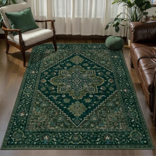 Image of Tangsoo 3x5 Washable Rug Indoor Area Rugs, Vintage Non Slip Accent Rug Carpet, Oriental Soft Low Pile Rugs for Living Room Dorm Bedroom Bedside Entryway Bathroom Home Decor Dark Green