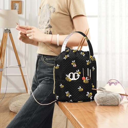 Image of Fustylead Bee Large Yarn Storage Tote Basket, Knitting Crochet Drawstring Organizer Bag for Crocheting Project, Yarn Balls, Needles Accessories