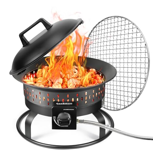 GasBRUH 19″ Outdoor Portable Propane Fire Pit with Grill Grate, Cover&Carry Handle,Fireplace,60,000 BTU Propane Firepit,Portable Gas Fire Pit for Outside Patio, Camping,RV, Smokeless Gas Firebowl