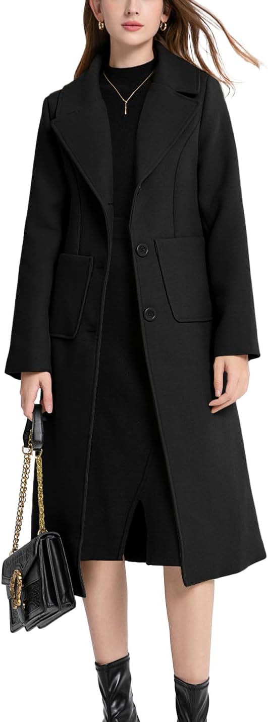 Nomwioke Women's Winter Casual Wool Blend Coat Notch Lapel Single Breasted Loose Mid Long Pea Coats Trench Jacket