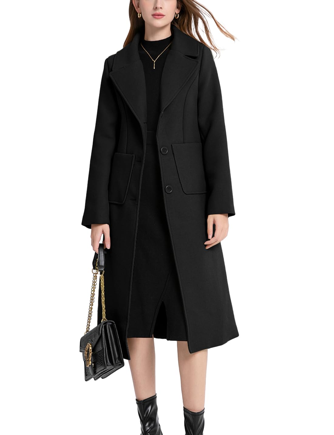 SukanyWomen's Winter Casual Notch Lapel Wool Blend Coat Single Breasted Mid Long Pea Coat Jacket