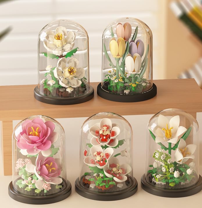 Lvbing Valentine's Day Gift Assembly Bonsai Flower Miniature Building Block Set with dust Cover, Building Block Flowers, Valentine's Day Creative Gift for her (Hibiscus)