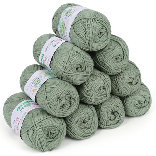 Coopay Wolle zum Häkeln 100% Baumwolle zum Stricken 10 x 50g Weiches Häkelgarn Baumwolle zum Häkeln Babywolle Baumwollgarn für Pullover Socken Babydecke - Matchagrün