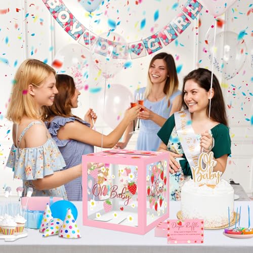 Image of 51Pcs Strawberry Diaper Raffle Tickets with Box for Baby Shower Games, A Berry Sweet Baby Is On The Way Diaper Raffle Card Box for Gender Reveal Raffle Party Decoration Clear Card Boxes