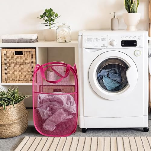 Image of Larpur Popup Laundry Basket, Collapsible Portable Mesh Clothes Washing Laundry Hamper with Reinforced Carry Handles (Pink)