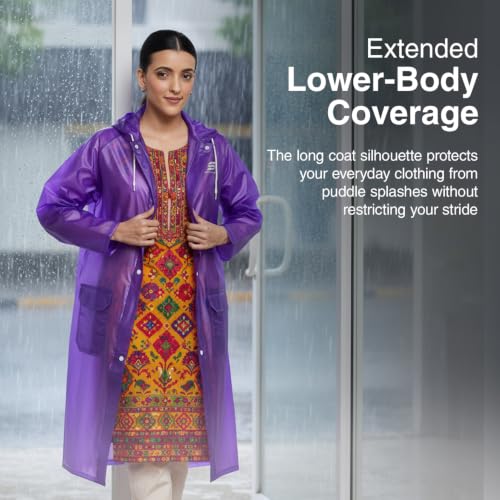 Image of Amazon Brand - Symactive Women's Raincoat | Waterproof Lightweight One Piece PVC Long Coat with Hood | Snap Buttons | Side Pocket | Drawstring Hood | Purple, M