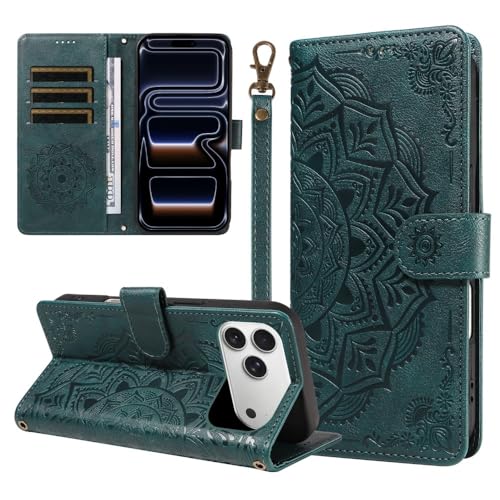Housse iPhone 15 Plus vert étui portefeuille cuir à rabat
