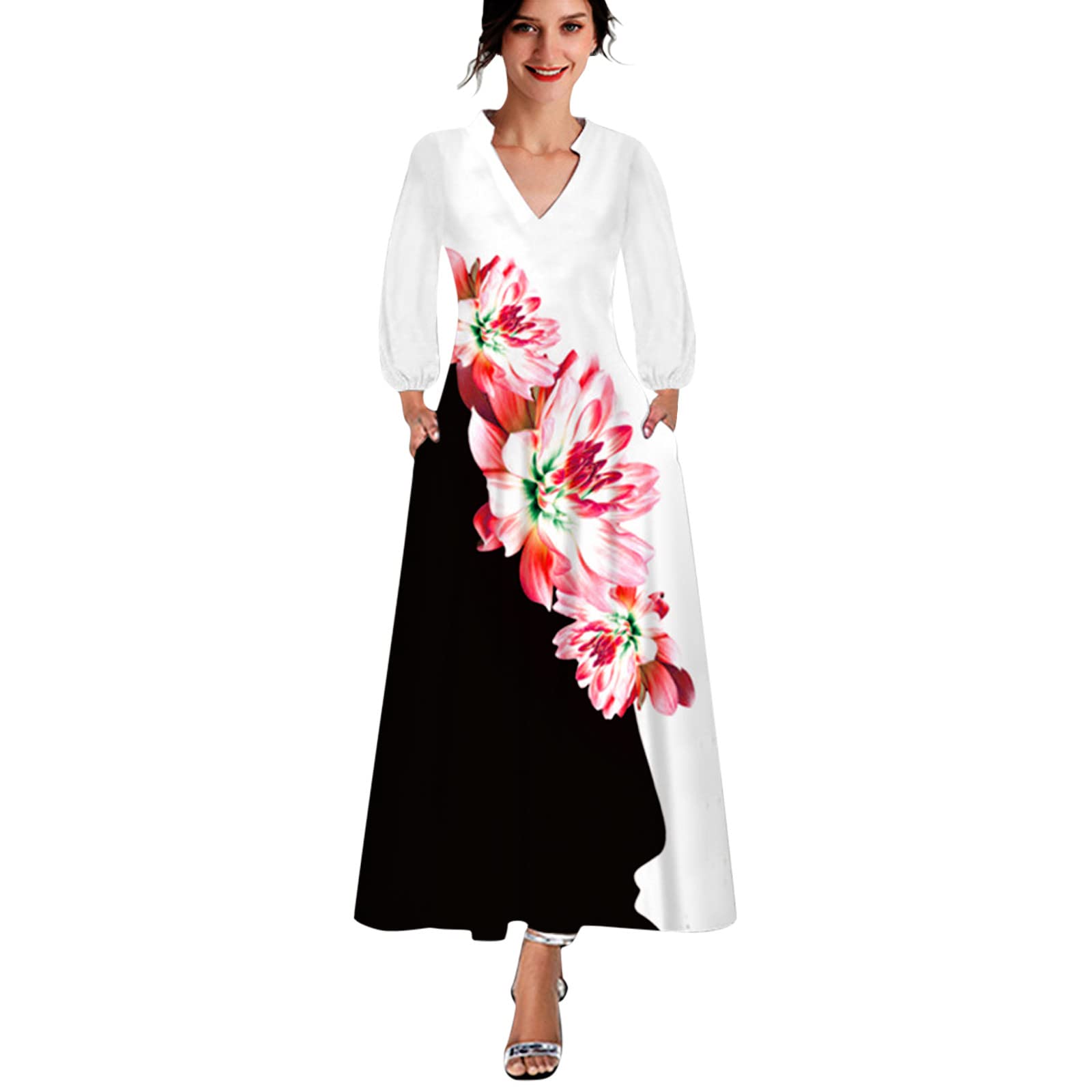 Abito da donna, stile bohémien, stampa casual, scollo a V, vita alta, maxi abito estivo, B-verde., M