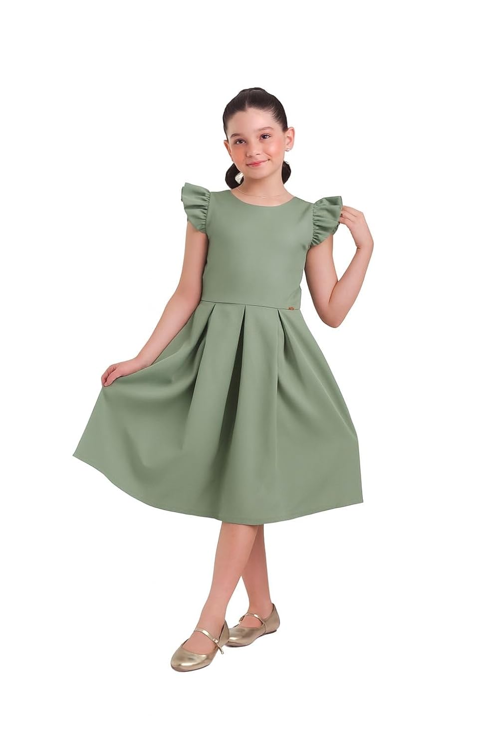 Vestido infantil com mangas babados e saia de pregas, perfeito para festas, formaturas e ocasiões especiais