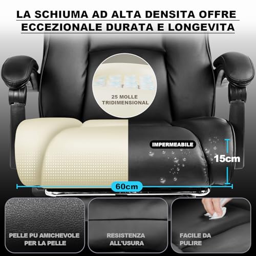 Poltrona Ufficio Ergonomica, Sedia da Ufficio Portata 200 kg, Schienale Reclinabile 90°-120°, Poggiatesta Regolabile, Ruote in Gomma, Sedia Presidenziale con Poggiapiedi, Nera - Sedia gaming - Immagine 3
