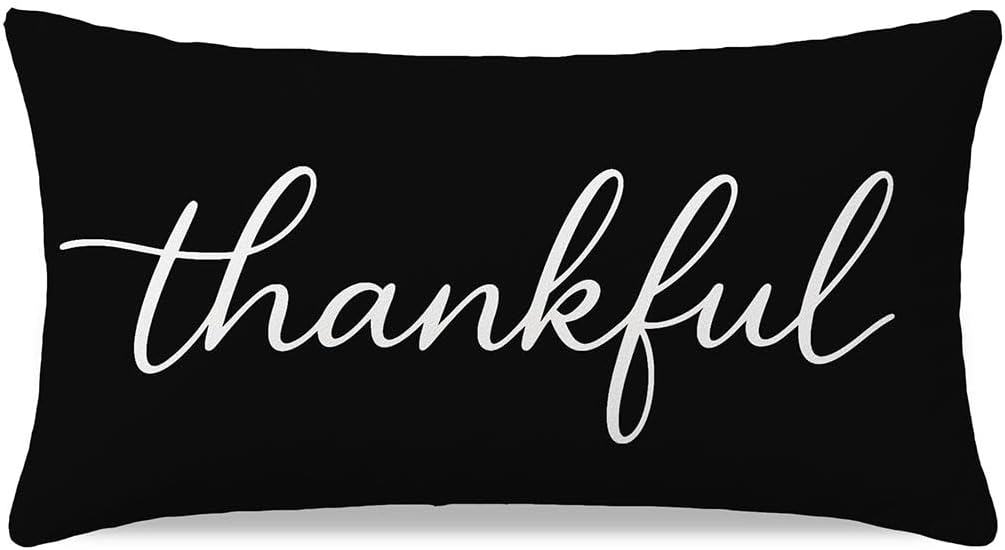 12x20 Lumbar Throw Pillow Cover with Thankful Quote, Black White