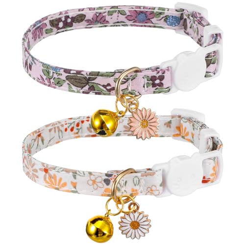 Fiyooau 2 Pack Cotton Breakaway Cat Collars with Bell and Daisy Charm - Cute Kitten Cat Collar for Girl Cats and Boys, Adjustable Size 7.5-11 Inch
