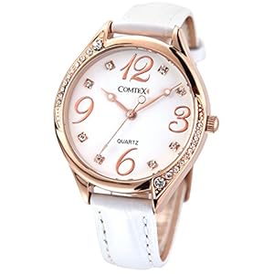 COMTEX Damenuhren, weißes großes Zifferblatt, Leder, rotgoldfarben, weißes Lederband, modische Uhren